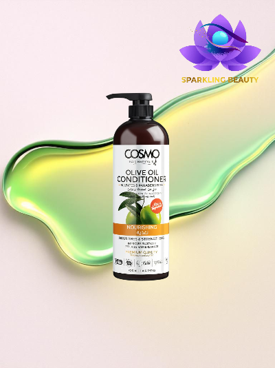 Condicionador COSMO Olive Oil em frasco castanho com doseador, sobre fundo com óleo verde e amarelo.