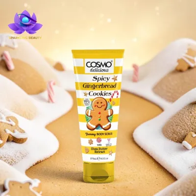 Esfoliante corporal COSMO delicious Spicy Gingerbread Cookies em tubo amarelo com riscas brancas