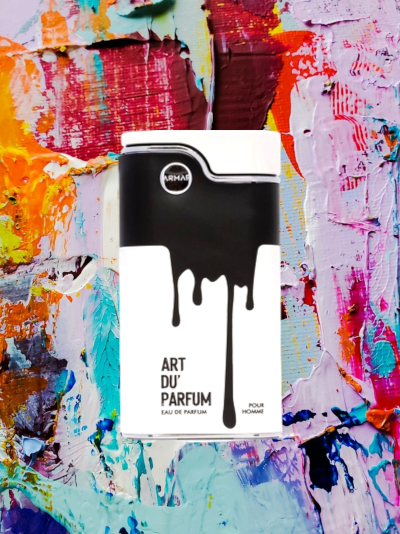 Frasco de perfume ART DU PARFUM em fundo colorido de pintura abstracta