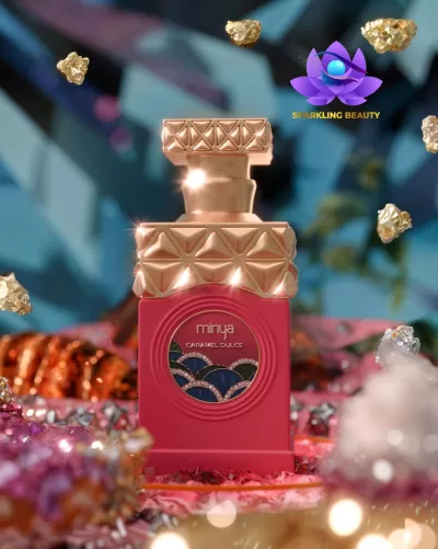 Frasco de perfume vermelho com tampa dourada geométrica e pedras preciosas ao redor