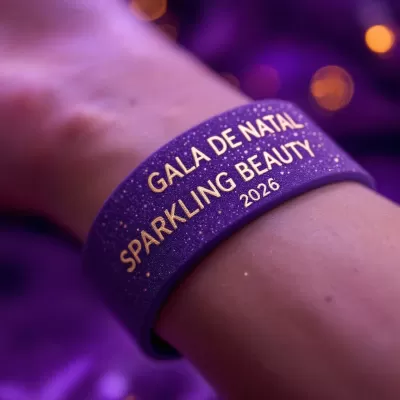Pulseira roxa com glitter dourado e texto dourado no pulso