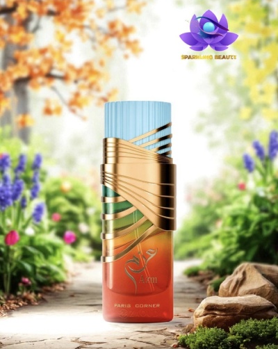 Frasco de perfume decorativo num caminho florido de jardim