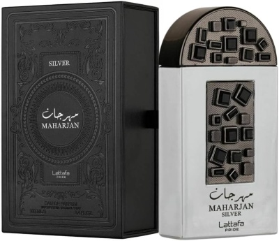 Frasco de perfume MAHARJAN SILVER com caixa preta decorada