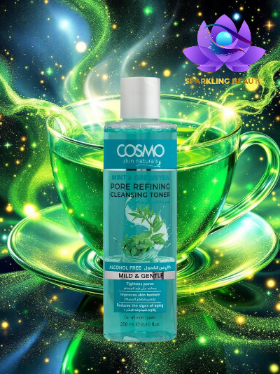 Frasco azul de toner COSMO com chávena de chá verde ao fundo
