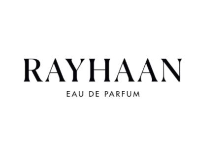Logótipo preto em fundo branco com texto RAYHAAN e EAU DE PARFUM