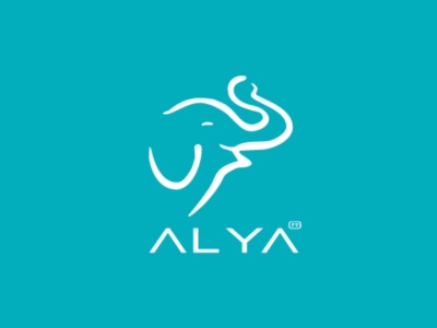 Logótipo branco de elefante e texto ALYA® em fundo azul