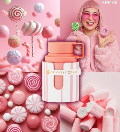 Frasco de perfume branco e rosa ODYSSEY CANDEE com doces rosa e jovem com casaco e óculos rosa segurando pirulito e donut