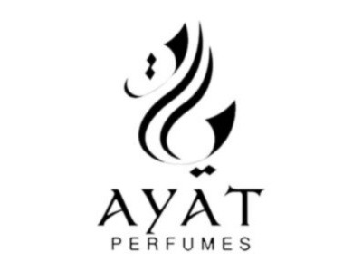 Logótipo preto e branco com texto AYÄT PERFUMES e design abstrato