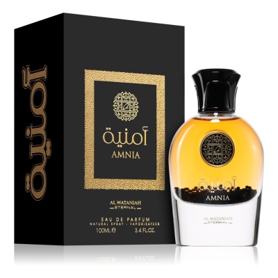 Frasco e caixa de perfume AMNIA preto e dourado
