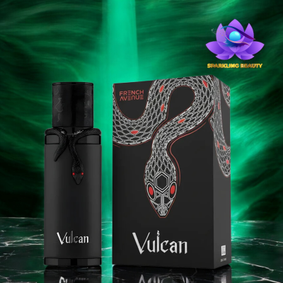 Frasco e caixa de perfume preto com decoração de cobra e texto Vulcan