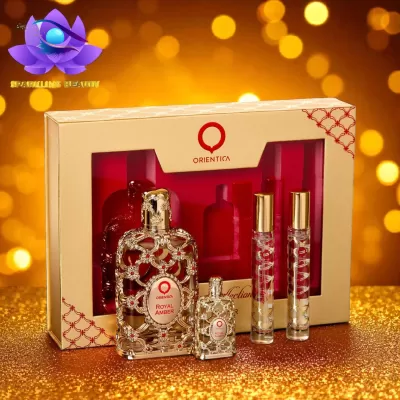 Conjunto de perfumes Orientica com frascos dourados e vermelhos em fundo dourado