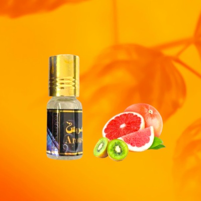 Frasco pequeno com tampa dourada e rótulo preto ao lado de toranja e kiwis sobre fundo laranja