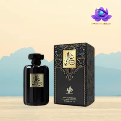 Frasco e caixa de perfume preto com rótulos dourados e texto árabe