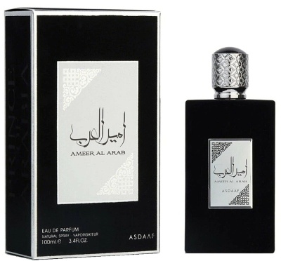Frasco preto de perfume Ameer Al Arab com caixa preta e detalhes prateados