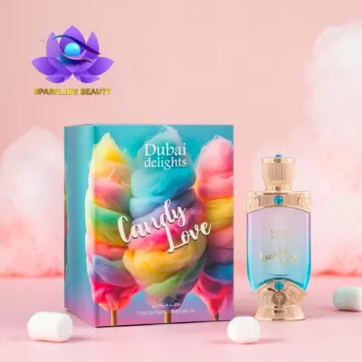Perfume Dubai delights Candy Love com embalagem azul e imagem de algodão doce colorido