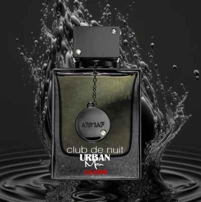 Frasco preto de perfume ARMAF Club de Nuit Urban Man Elixir com gotículas