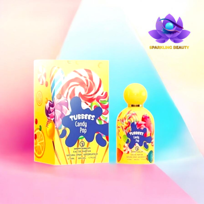 Frasco e caixa de perfume amarelos com imagens de doces e texto