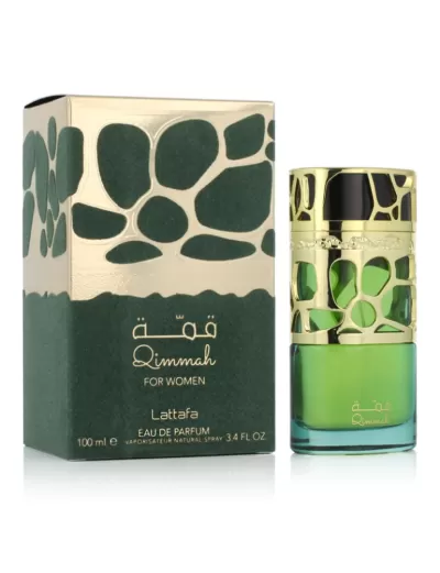 Perfume Qimmah para mulher da Lattafa, frasco verde e dourado ao lado da embalagem verde escura com padrão dourado.