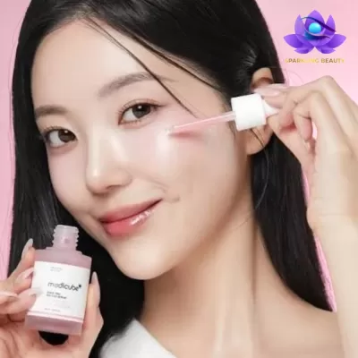 Mulher aplica soro facial rosa com conta-gotas