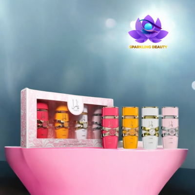 Conjunto de frascos de perfume coloridos em caixa decorativa rosa