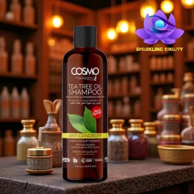 Frasco de shampoo COSMO Tea Tree Oil num balcão com frascos decorativos ao fundo