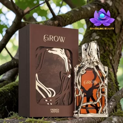 Frasco de perfume âmbar com design metálico dourado de raízes e embalagem castanha recortada com textos GROW e FRENCH AVENUE