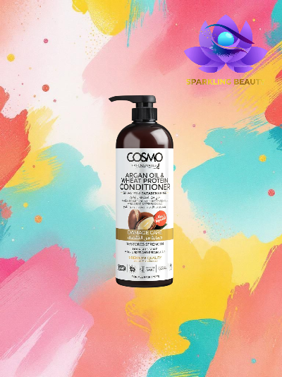 Frasco de condicionador COSMO Argan Oil & Wheat Protein com tampo de bomba em fundo colorido