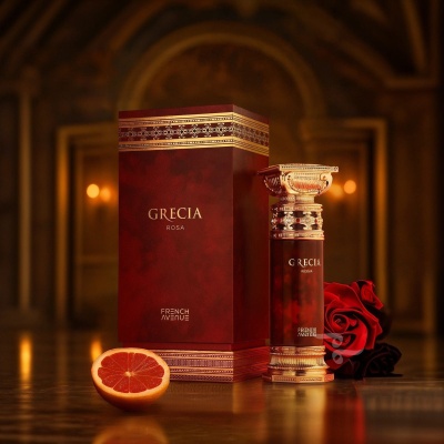 Frasco e caixa de perfume GRECIA ROSA com rosa e toranja