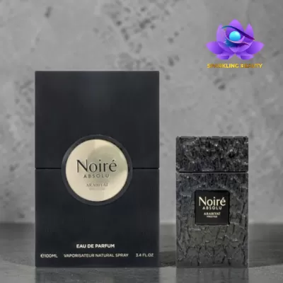 Perfume Noire Absolu Arabiya com embalagem e frasco pretos num fundo cinzento.