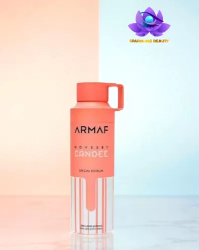 Frasco de perfume Armaf Odyssey Candee edição especial cor coral e creme com riscas verticais