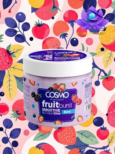 Esfoliante facial e corporal COSAVO fruitburst Berry em embalagem roxa com fotos de frutos