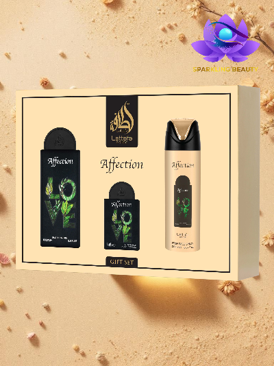 Conjunto de presente com produtos de beleza LETTERA Affection em embalagens preto e creme com texto LOVE