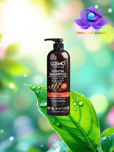 Frasco de shampoo COSMO Keratin com doseador sobre folha verde com gotas de água