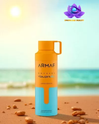 Frasco spray perfume ARMAF ODYSSEY Mandarin em praia com mar ao fundo