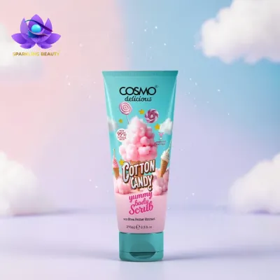 Tubo de esfoliante corporal com design de algodão doce e cores azul e rosa