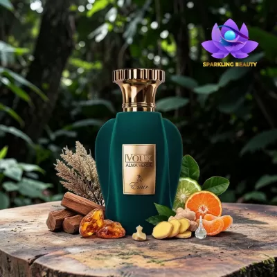 Frasco de perfume verde com tampa dourada rodeado por frutas e especiarias sobre madeira