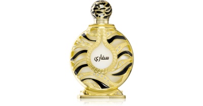 Frasco de perfume dourado com padrão preto e texto árabe