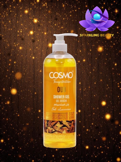 Frasco de gel de duche amarelo COSMO Temptation OUI com doseador sobre fundo decorativo dourado