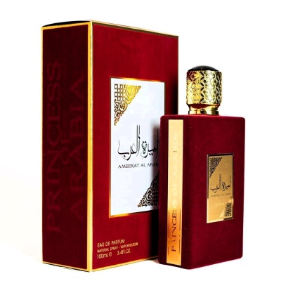 Frasco e caixa de perfume AMEERAT AL ARABIA veludo vermelho e dourado