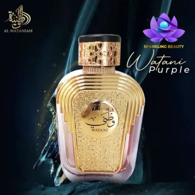 Frasco de perfume Watani Purple dourado em fundo escuro