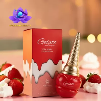 Frasco de perfume Gelato Very Berry Strawberry com tampa dourada em formato de cone