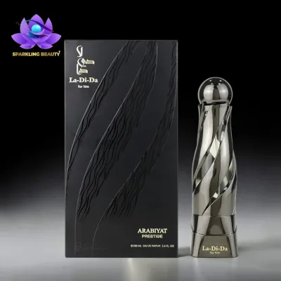 Frasco e caixa de perfume ARABIYAT PRESTIGE La-Di-Da for him preto e prateado