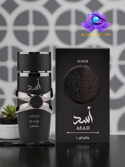 Frasco e caixa de perfume ASAD ELIXIR Lattafa preto com detalhes metálicos prateados