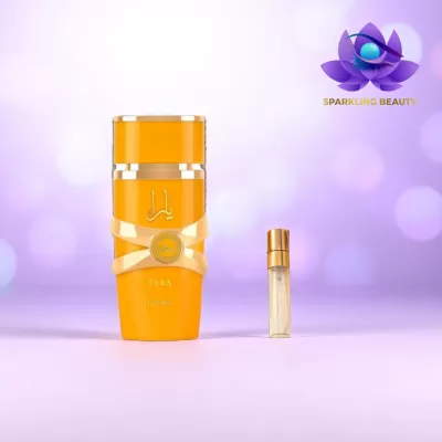 Frasco amarelo de perfume e pequeno frasco transparente com tampa dourada em fundo roxo com logótipo SPARKLING BEAUTY