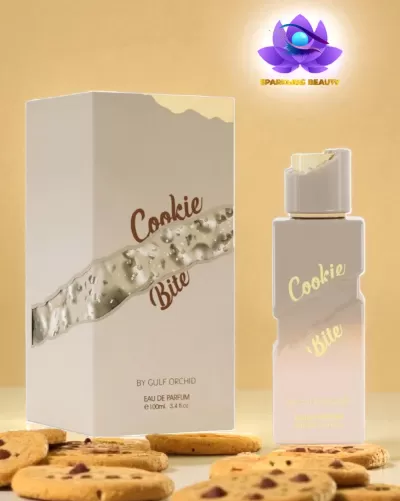 frasco de perfume Cookie Bite e embalagem com bolachas de chocolate