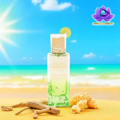 Frasco de perfume na areia da praia com elementos naturais e céu azul ao fundo