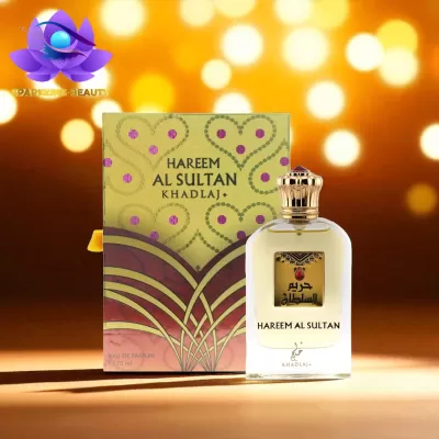 Frasco de perfume HAREEM AL SULTAN KHADLAJ com caixa decorativa dourada e rosa