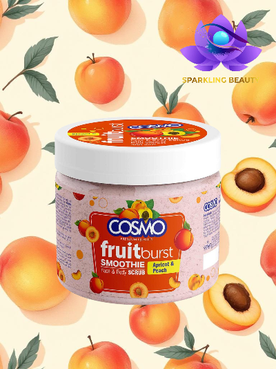 Frasco de creme esfoliante COSMO fruitburst com imagem de pêssegos