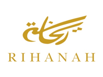 Logótipo dourado RIHANAH com texto árabe sobre fundo branco