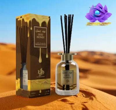Difusor de aroma Oud Honey com frasco e embalagem castanha com design de mel